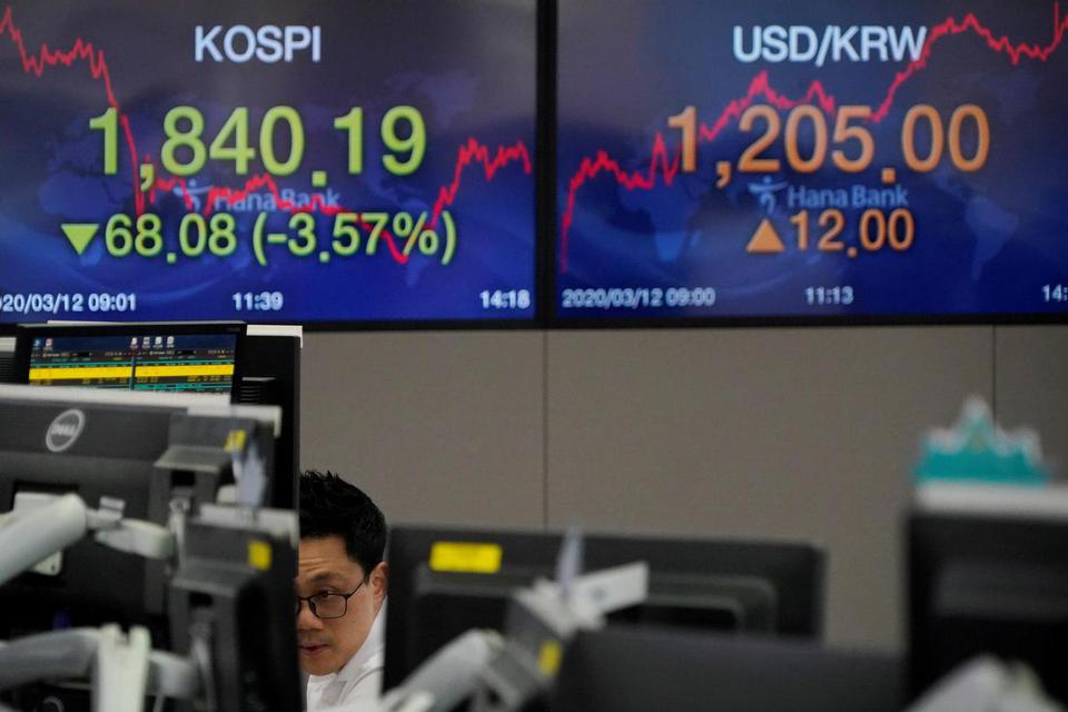 Kim Hong-Ji Seorang pedagang saham bekerja di papan elektronik yang memperlihatkan harga saham KOSPI (Korea Composite Stock Price Index) dan harga tukar antara dolar Amerika Serikat dan won Korea Selatan, di sebuah ruang transaksi sebuah bank di Seoul, K