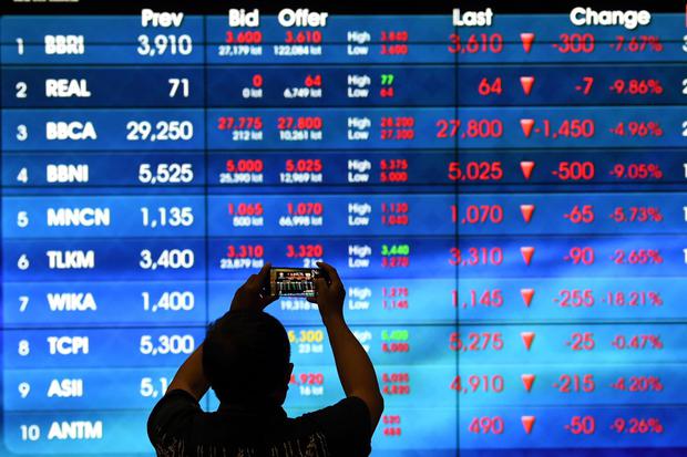 Warga memotret layar yang menampilkan infornasi pergerakan harga saham di Bursa Efek Indonesia (BEI), Jakarta, Kamis (12/3/2020). BEI melakukan pembekuan sementara perdagangan ('trading halt') pada sistem perdagangan di bursa efek pada Kamis (12/3) puku