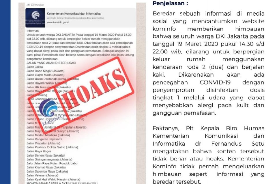 Jalan di Jakarta Disterilisasi Efek Virus Corona, Kominfo: Hoaks