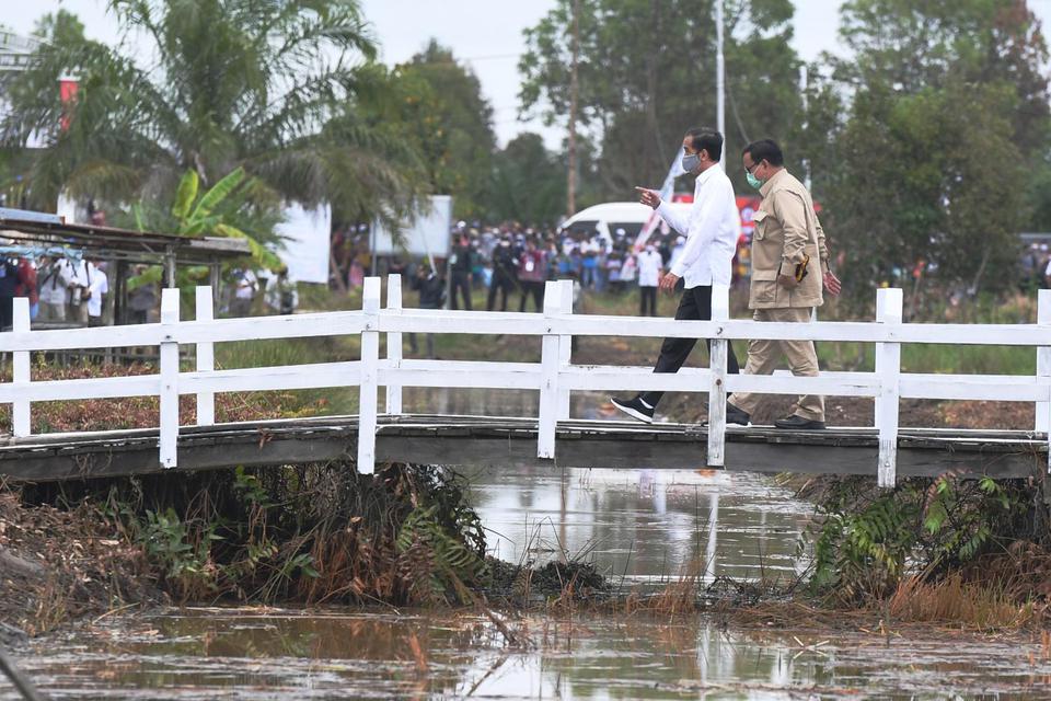 Presiden Joko Widodo (kiri) didampingi Menteri Pertahanan Prabowo Subianto meninjau lahan yang akan dijadikan Food Estate atau lumbung pangan baru di Kapuas, Kalimantan Tengah, Kamis (9/7/2020).
