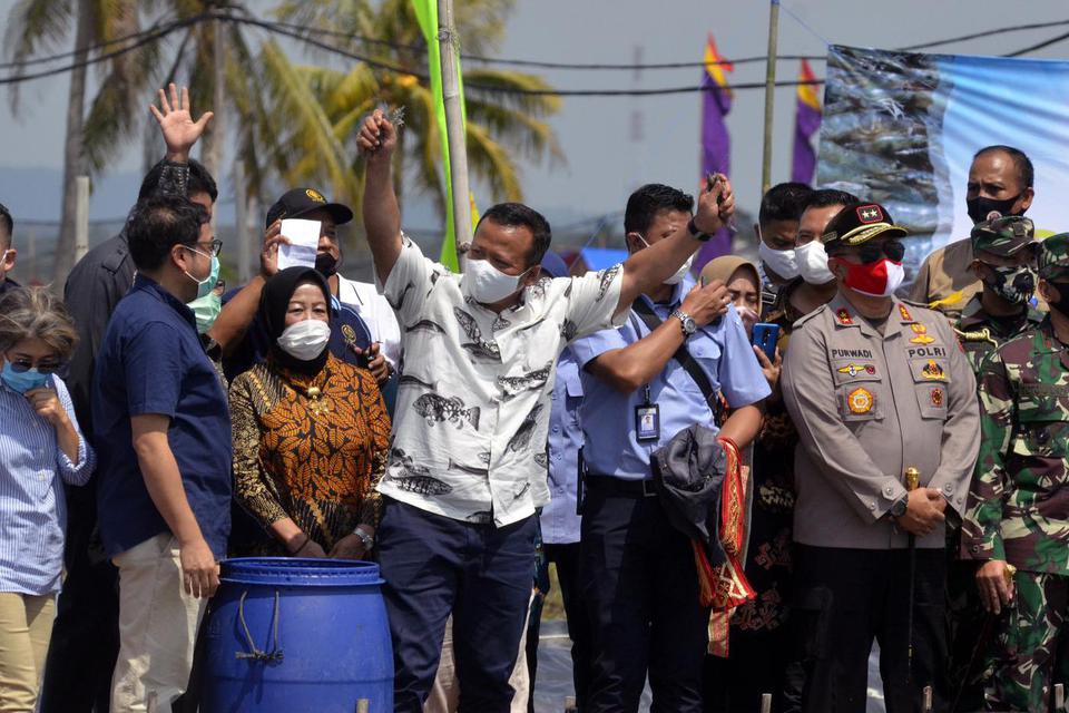 Menteri Kelautan dan Perikanan Edhy Prabowo (tengah ) melakukan panen udang vaname kualitas ekspor di Desa Margasari, Labuhan Maringgai, Lampung Timur, Lampung, Minggu (19/7/2020). 