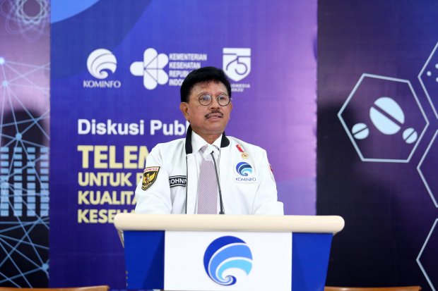 Menteri Komunikasi dan Informatika Johnny G. Plate memberikan sambutan dalam pembukaan diskusi publik bertajuk Telemedisin Untuk Peningkatan Kualitas Layanan Kesehatan di kantor Kominfo, Jakarta Pusat, Sabtu (22/8/2020).