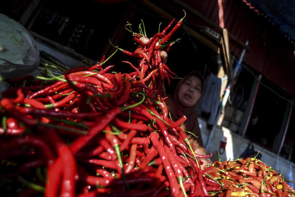 Pedagang cabai merapikan dagangannya di Pasar Kebayoran Lama, Jakarta, Sabtu (3/10/2020). Badan Pusat Statistik (BPS) melaporkan bahwa Indonesia kembali mengalami deflasi pada bulan September 2020, yakni sebesar 0,05 persen yang dipengaruhi oleh berbagai 
