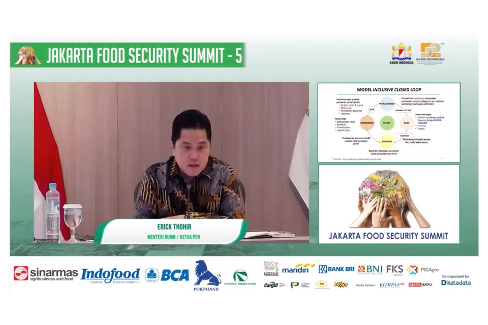 Menteri BUMN, Erick Thohir memberikan materi dalam acara webinar Jakarta Food Security Summit, Kamis (19/11/2020).