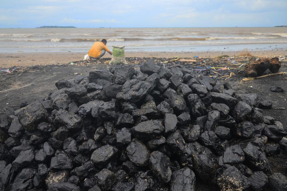 Warga memunguti batu bara yang tercecer di sekitar pantai Sekembu, Mulyoharjo, Jepara, Jawa Tengah, Kamis (21/1/2021). Menurut warga, sejak sepekan terakhir warga setempat memunguti batu bara yang mencemari pantai setempat yang berasal dari muatan kapal t