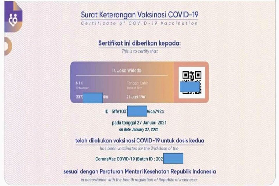 Sertifikat vaksin Presiden, sertifikat vaksin Jokowi, jokowi, pedulilindungi