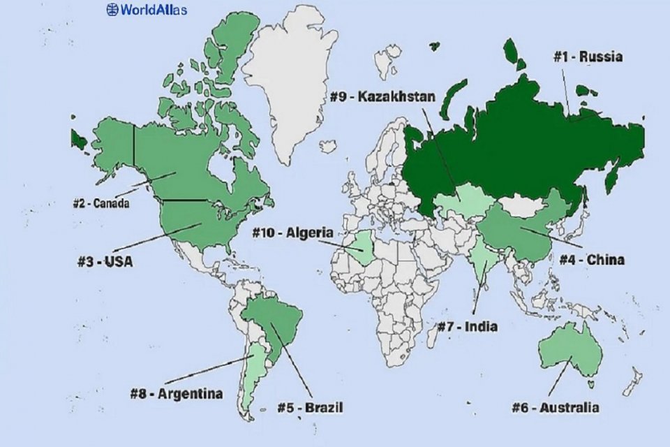 Peta negara terbesar di dunia berdasarkan luas wilayahnya