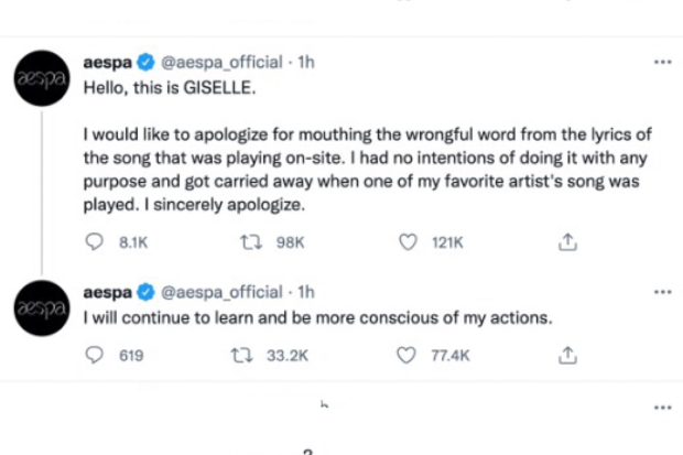 Permintaan maaf Giselle aespa di Twitter