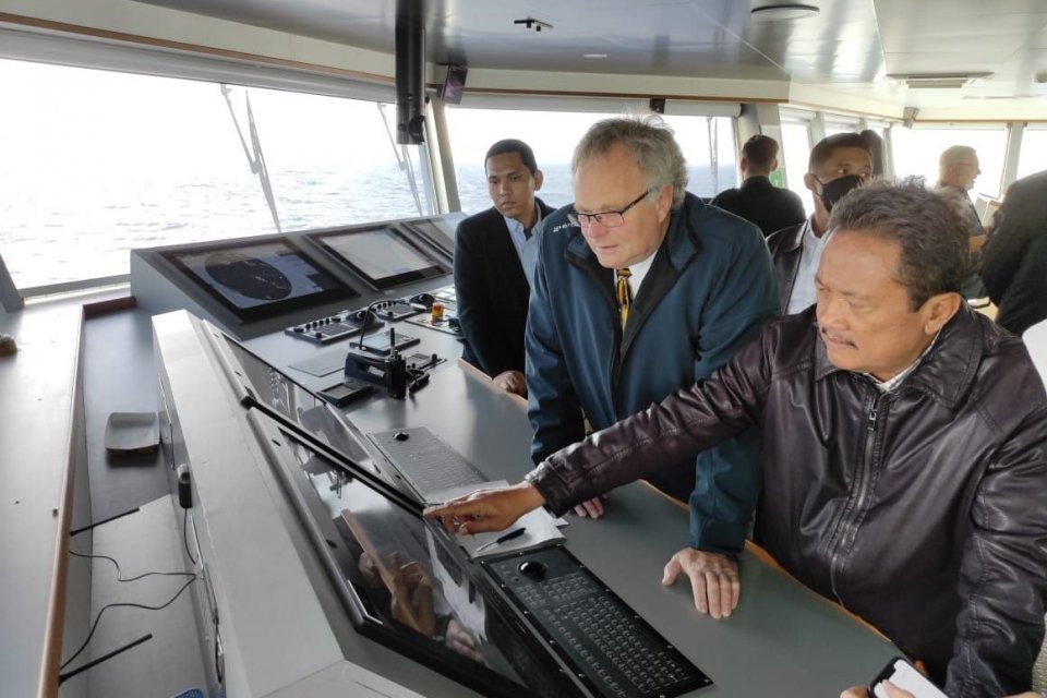Menteri KKP Sakti Wahyu Trenggono saat menjajal kapal ferry Ellen yang melayani rute penyeberangan dari Sonderborg ke Aeroskobing, Denmark 