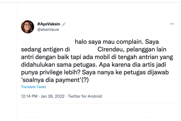 Komplain seorang netizen soal artis menyelak antrian tes PCR