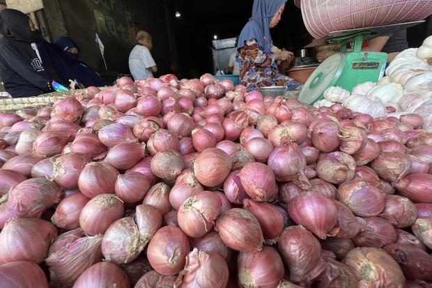 Pedagang mengupas bawang di Pasar Manonda di Palu, Sulawesi Tengah, Sabtu (19/3/2022). Pemerintah memastikan ketersediaan komoditas pangan strategis seperti bawang, cabai dan lainnya menjelang bulan suci ramadhan aman.