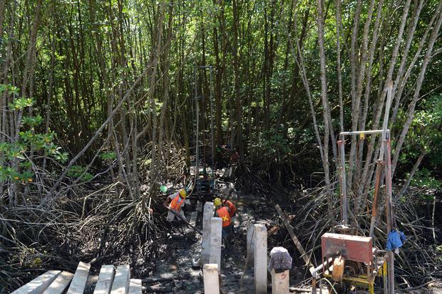 Pekerja melakukan aktivitas pengerjaan proyek penataan kawasan mangrove Taman Hutan Raya (Tahura) Ngurah Rai, Denpasar, Bali, Rabu (23/3/2022). Pengerjaan proyek penataan kawasan mangrove Tahura Ngurah Rai yang rencananya akan dikunjungi para kepala negar
