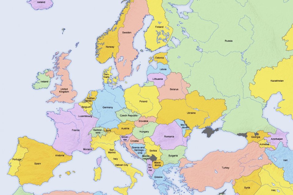 Ilustrasi, peta menampilkan daftar negara di Eropa. Eropa mencakup 51 negara merdeka. Negara-negara tersebut terbagi dalam wilayah Eropa Timur, Eropa Barat, Eropa Utara, dan Eropa Selatan.