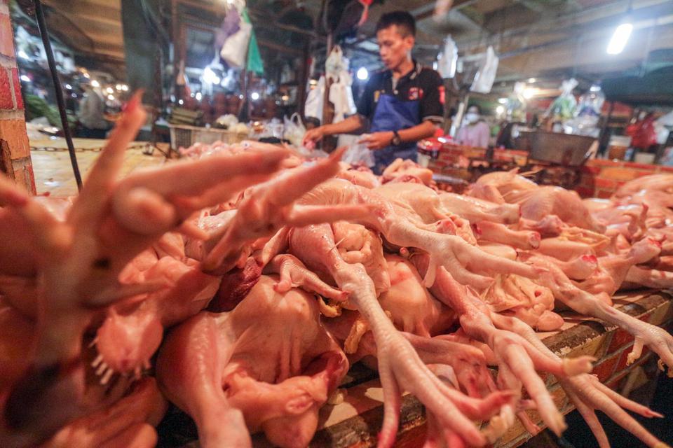 Pedagang daging ayam melayani pembeli di Pasar Cibinong, Kabupaten Bogor, Jawa Barat, Senin (4/7/2022). Harga sejumlah bahan pokok mulai naik jelang hari raya Idul Adha, diantaranya harga ayam ras dari Rp31 ribu menjadi Rp39 ribu per kg, cabai rawit hija