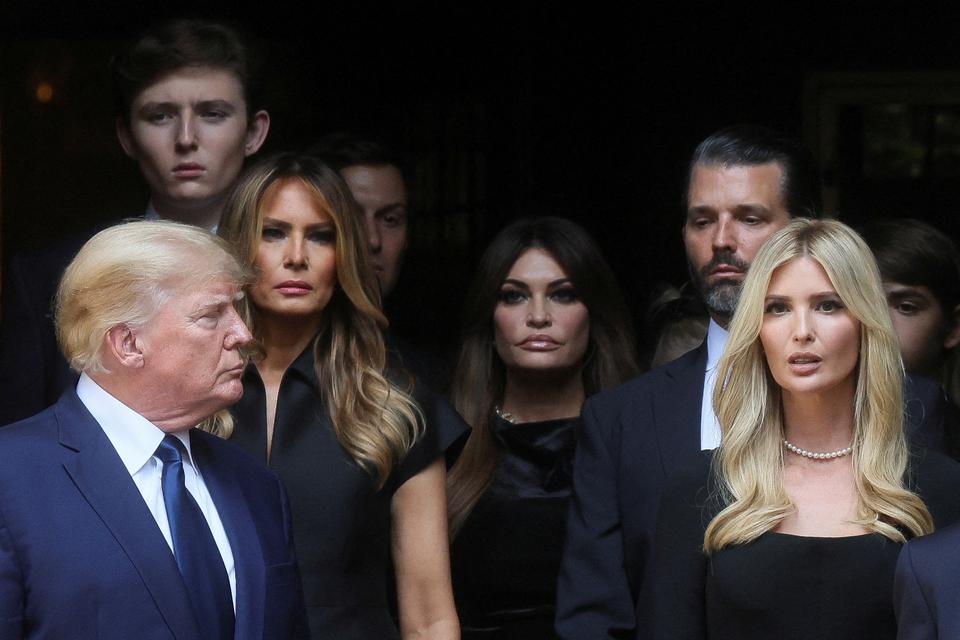 Former U.S. President Donald Trump, his wife Melania, Kimberly Guilfoyle, his sons Barron and Donald Jr. and his daughter Ivanka leave St. Vincent Ferrer Church during the funeral of Ivana Trump, socialite and Trump's first wife, in New York City, U.S., 