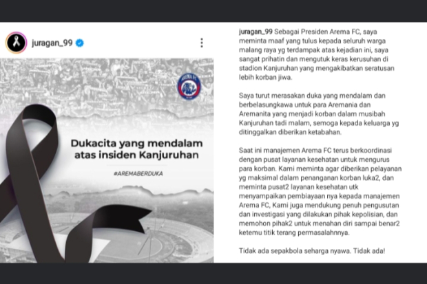 Pernyataan Juragan 99 Terkait Tragedi Kanjuruhan