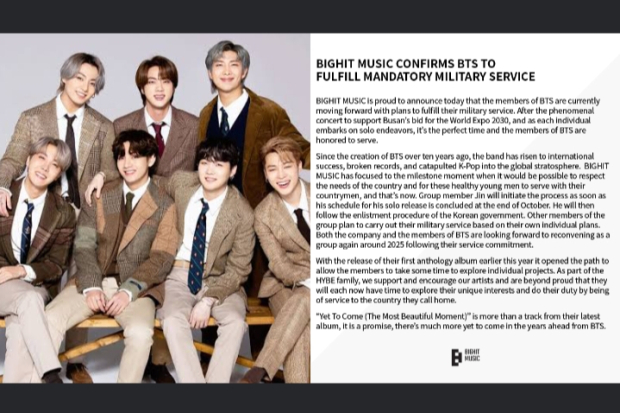 Pengumuman Big Hit Music soal Wamil BTS