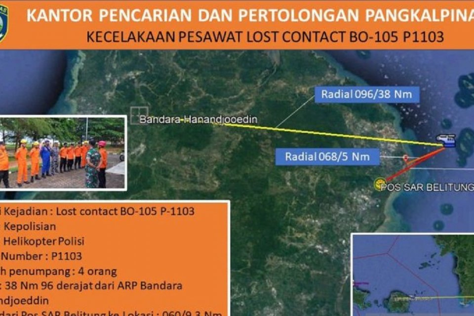 Helikopter Polri hilang kontak di perairan Manggar, Belitung, Babel, Minggu (27/11). Foto: Antara.