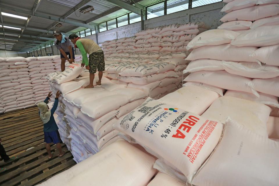 Pekerja mengangkut karung pupuk urea di gudang lini 3 Jatibarang pupuk Kujang, Indramayu, Jawa Barat, Senin (19/12/2022). Kementerian Pertanian menyatakan total alokasi pupuk subsidi tahun 2023 sebanyak 9 juta ton yang terdiri dari 5,5 juta ton urea dan3,