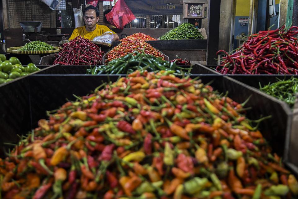 Pedagang menjual cabai di Pasar Senen, Jakarta, Senin (26/12/2022). Jelang tahun baru 2023, pedagang mengatakan harga sejumlah kebutuhan bahan pokok mengalami kenaikan sekitar 10 hingga 50 persen seperti cabai rawit dari Rp25 ribu menjadi Rp50 ribu per ki