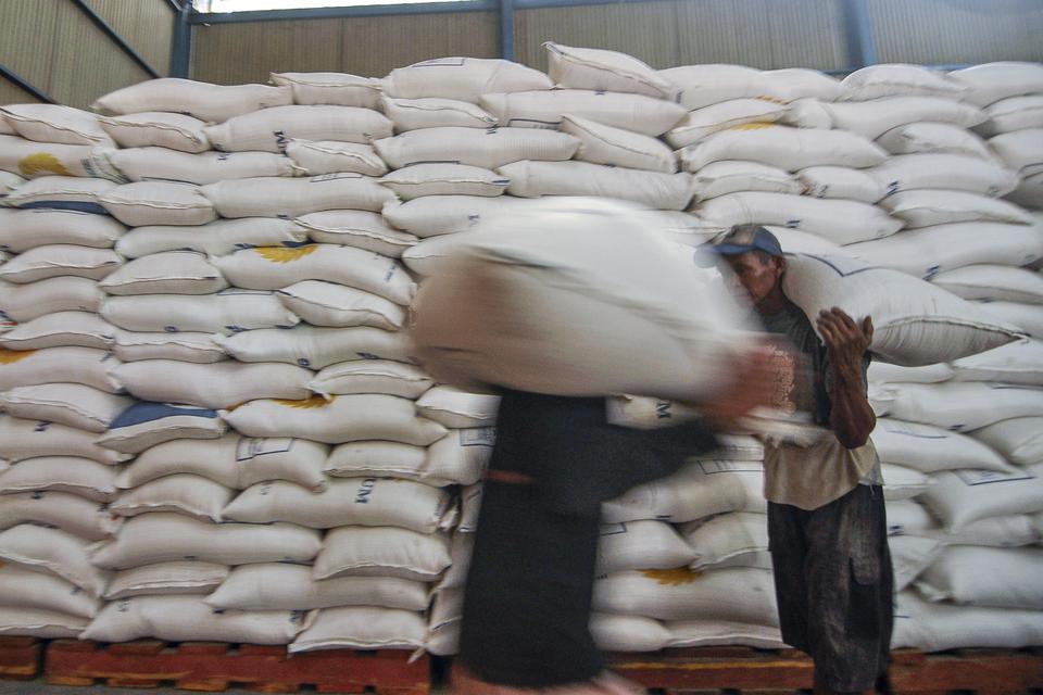 Pekerja memanggul karung berisi beras medium di Gudang Bulog Baru (GBB) Sidomulyo, Kota Bengkulu, Provinsi Bengkulu, Selasa (17/1/2023). Direktur Utama Bulog Budi Waseso menyatakan tidak ada lagi beras impor yang masuk ke Indonesia pada Maret 2023.