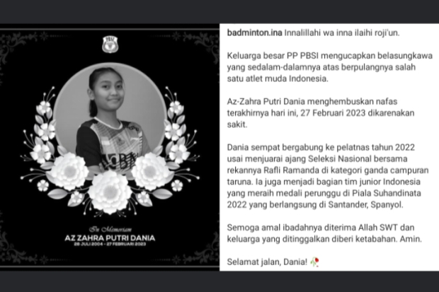 Atlet Badmintom Az Zahra Putri Dania Meninggal Dunia