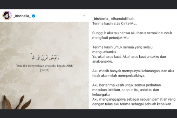 Postingan Perdana Irish Bella Pasca Ammar Zoni Ditahan