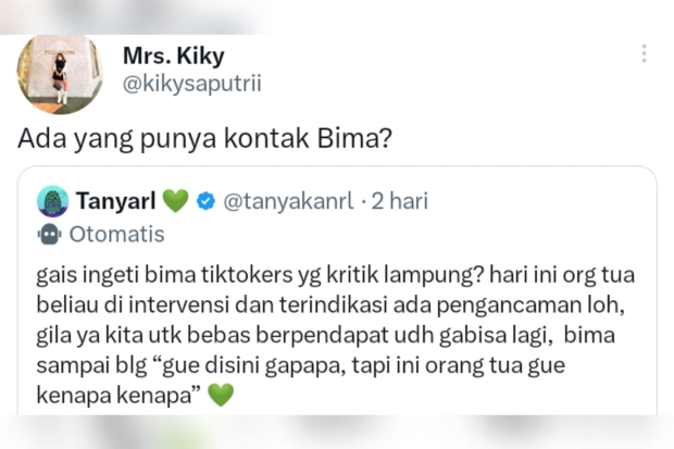 Kiky Saputri dukung TikTokers Bima Yudho