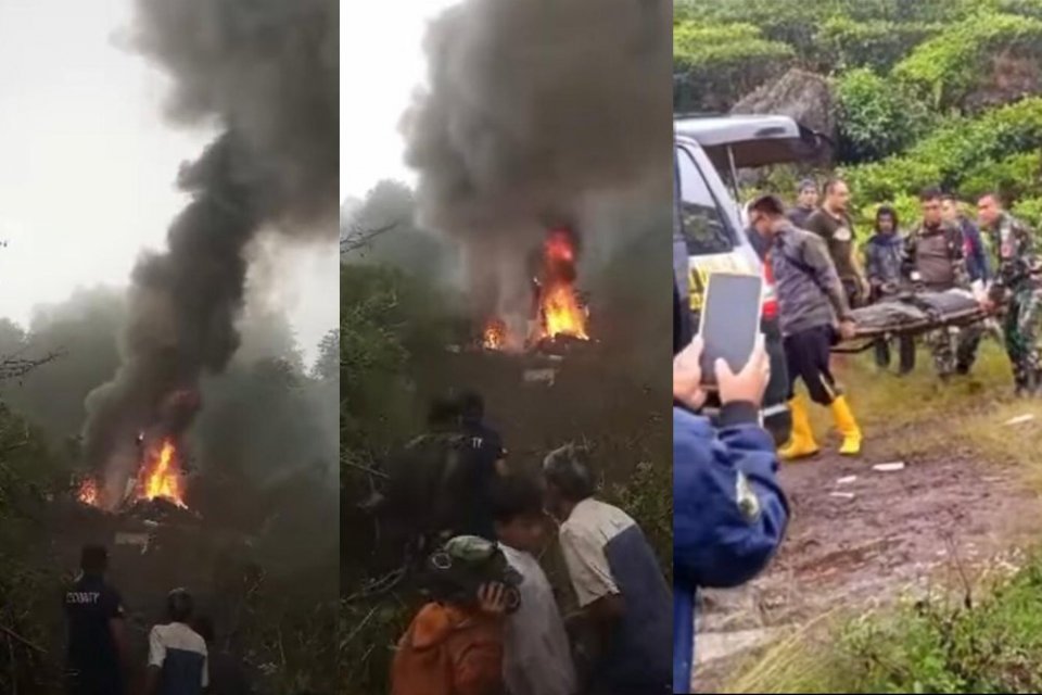 Helikopter milik TNI AD berjenis Bel 412 jatuh di wilayah perkebunan teh Ciwalini, Kecamatan Rancabali, Kabupaten Bandung, pada Minggu (28/5). 