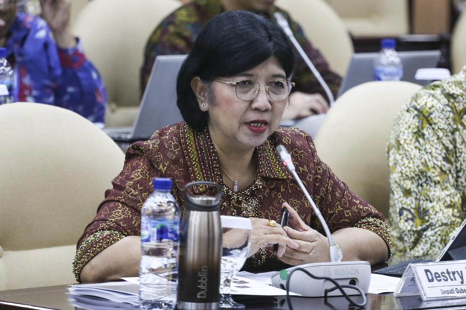 Deputi Gubernur Senior Bank Indonesia Destry Damayanti memberikan paparan saat mengikuti rapat kerja bersama Komite IV DPD di Kompleks Parlemen, Senayan, Jakarta, Rabu (14/6/2023). Rapat tersebut membahas kerangka ekonomi makro dan pokok-pokok kebijakan f