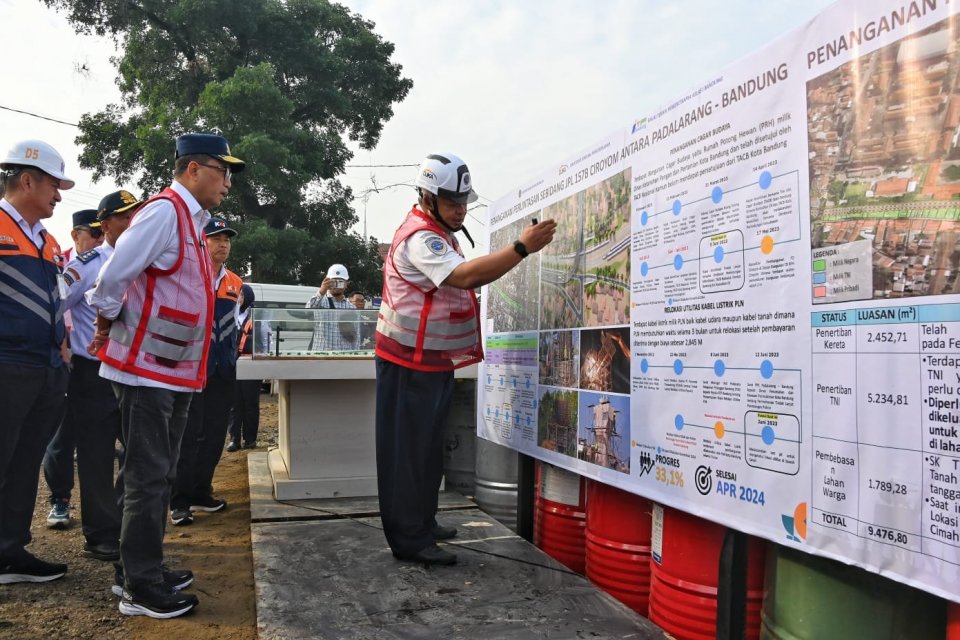 Menteri Perhubungan Budi Karya Sumadi mendengarkan pemaparan mengenai kesiapan fasilitas pendukung kereta pengumpang untuk Kereta Cepat Jakarta-Bandung di Bandung, Sabtu (17/6).