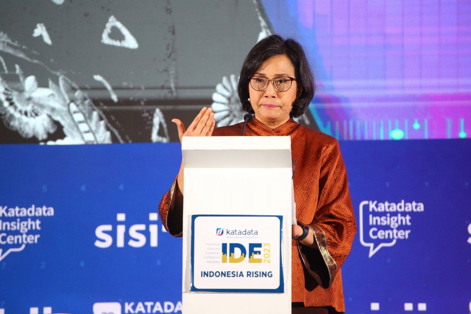 Menteri Keuangan Sri Mulyani menjadi pembicara pada IDE 2023, Kamis (20/7)