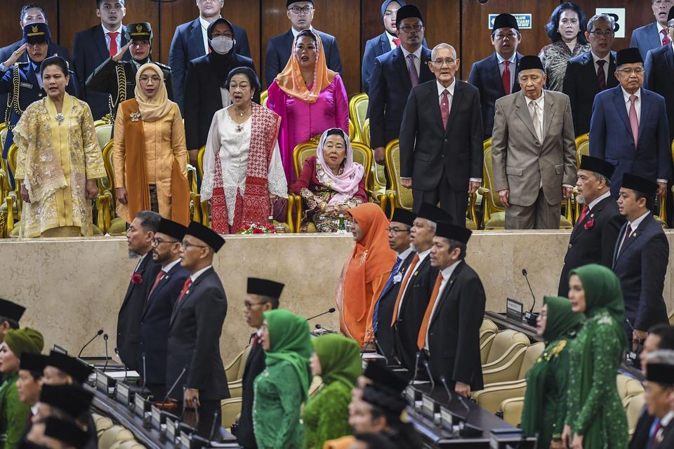 Sejumlah tokoh politik dan mantan pimpnan negara menghadiri Sidang Tahunan MPR dan Sidang Bersama DPR - DPD Tahun 2023 di Gedung Nusantara, Kompleks Parlemen, Senayan, Jakarta, Rabu (16/8/2023).