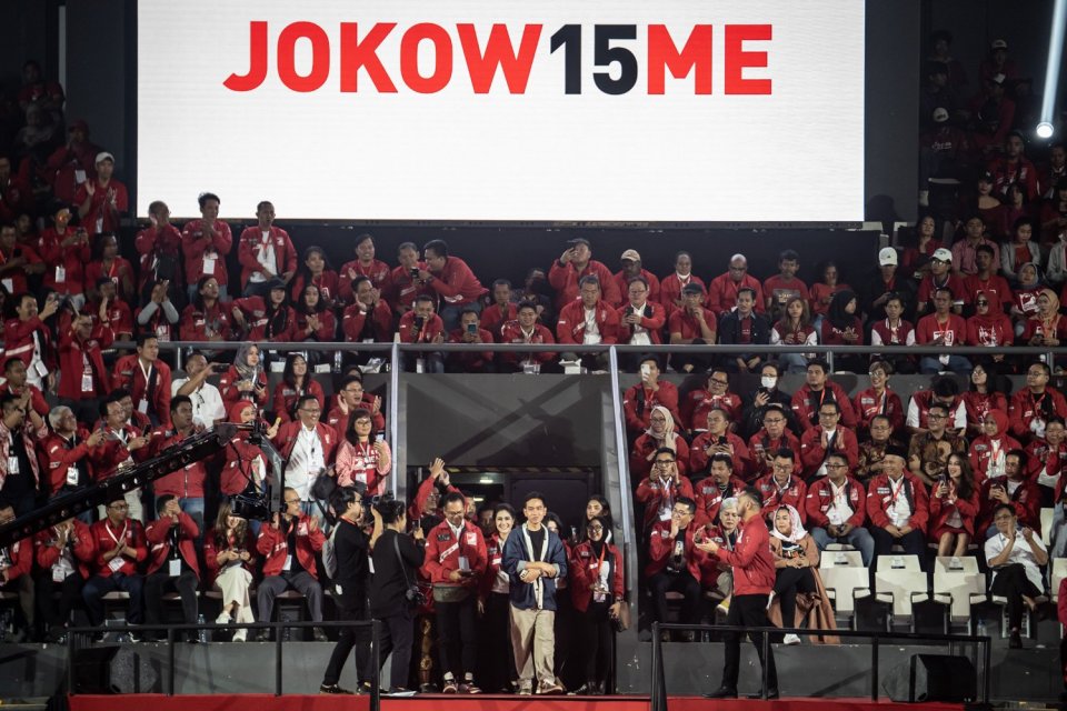 Gibran Rakabuming tiba di Kopdarnas Partai Solidaritas Indonesia di Tennis Indoor Senayan, Jakarta, Selasa (22/8).