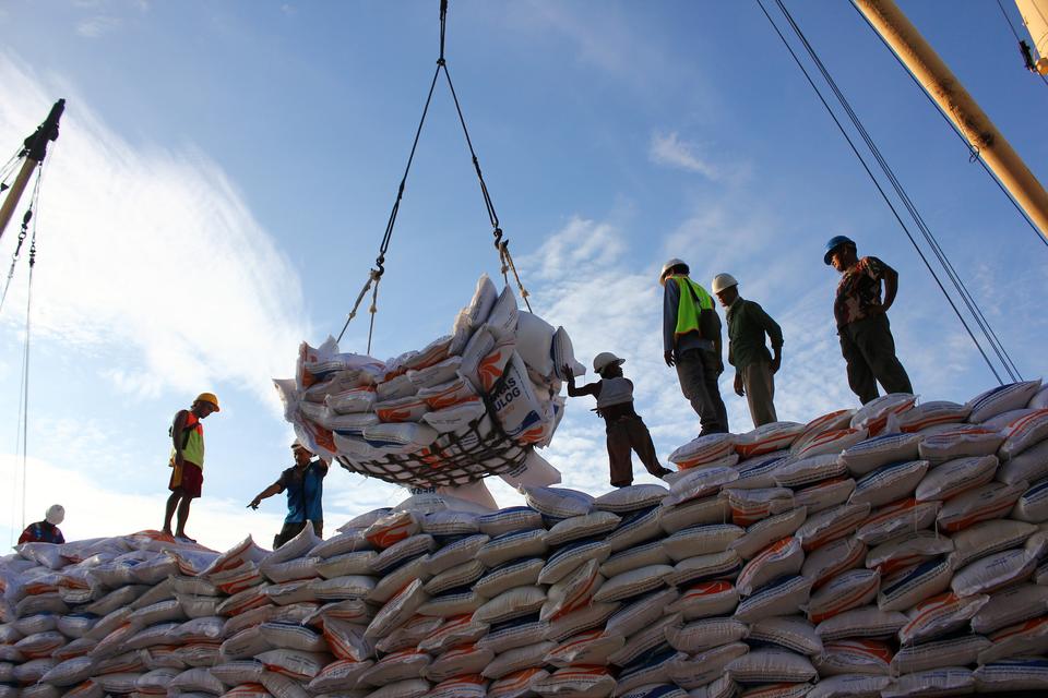 Sejumlah pekerja melakukan bongkar muat beras impor asal Thailand di Pelabuhan Ujung Baru, Medan Belawan, Medan, Sumatera Utara, Rabu (6/9/2023). Perum Bulog Sumatera Utara akan mendistribusikan sebanyak 9.260 ton beras atau 27.780 kilogram beras per bula