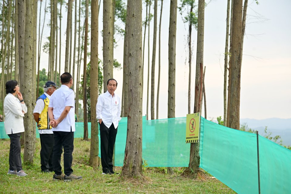 Presiden Joko Widodo menikmati pemandangan Ibu Kota Nusantara (IKN) dari atas bukit, di Kabupaten Penajam Paser Utara, Provinsi Kalimantan Timur, Jumat (22/9).