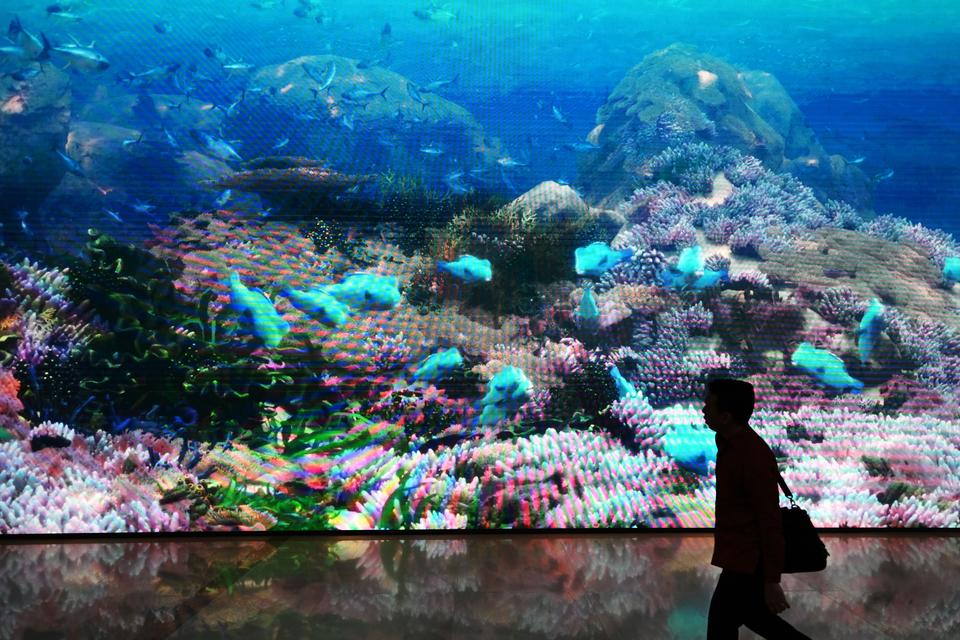 Seorang pria berjalan melintasi monitor yang menampilkan ekosistem laut di lokasi KTT AIS Forum 2023, Bali Nusa Dua Convention Center, Kabupaten Badung, Bali, Senin (9/10/2023). 