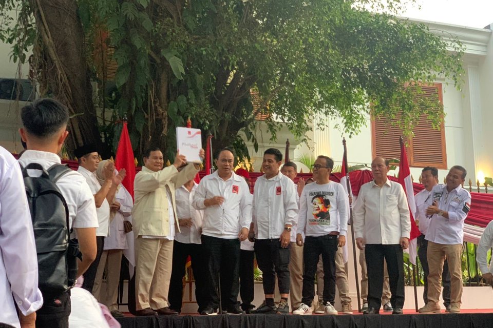 Relawan Projo resmi mendeklarasikan dukungan kepada Prabowo Subianto sebagai bakal calon presiden di Pemilu 2024, Sabtu (14/10).