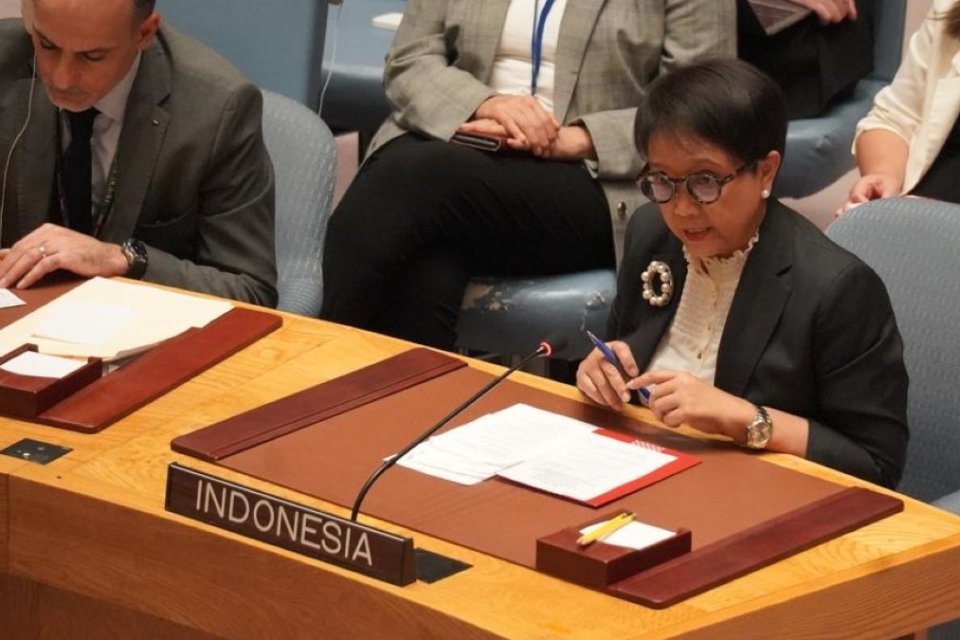Menteri Luar Negeri Retno Marsudi dalam High Level Open Debate di Dewan Keamanan PBB, New York, Selasa (24/10). Indonesia mendesak Dewan Keamanan Perserikatan Bangsa-Bangsa (DK PBB) segera bertindak guna menghentikan eskalasi konflik Israel-Palestina di G