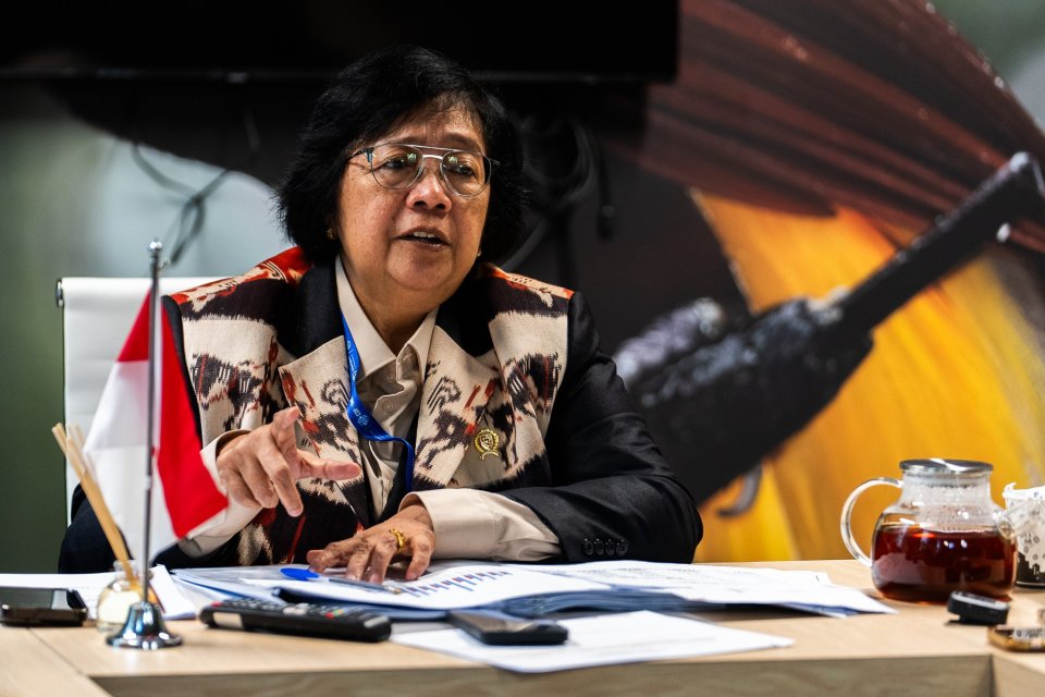 Menteri Kehutanan dan Lingkungan Hidup Siti Nurbaya Bakar dalam konferensi pers di sela-sela KTT Iklim COP28 di Dubai, Uni Emirat Arab.