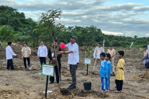 Kepala Otorita IKN Bambang Susantoni saat menanam pohon saat peluncuran Nusantara Green Pesantren di IKN, Kalimantan Timur, Rabu (17/1). Foto: Rena La