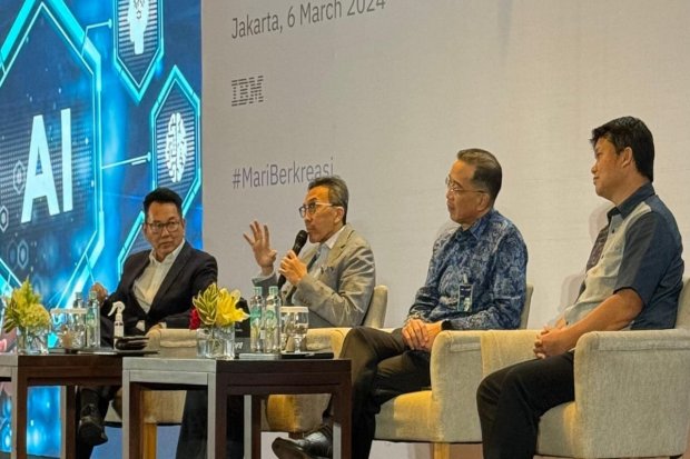Direktur Utama Superbank Tigor M. Siahaan dalam acara AI for Business Leaders Summit yang digelar IBM dan Infobank di Jakarta pada 6 Maret 2024.\