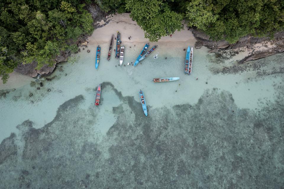 Foto udara sejumlah warga menggunakan perahu mesin memanen sumer daya laut saat Tradisi Buka Sasi di Perairan Misool, Distrik Misool Barat, Kabupaten Raja Ampat, Papua Barat Daya, Senin (25/3/2024). Sasi merupakan tradisi adat dalam mengelola sumber daya