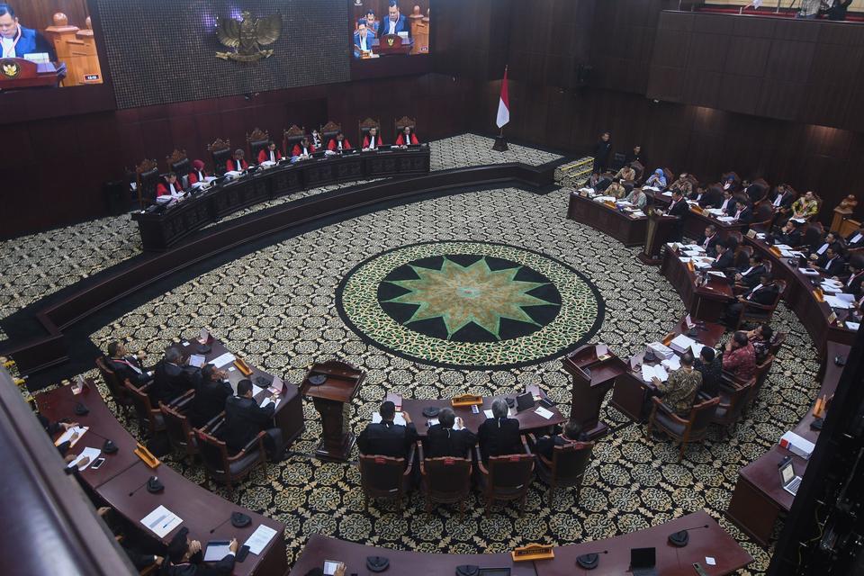 Suasana sidang sengketa hasil Pemilihan Presiden (Pilpres) 2024 di Mahkamah Konstitusi (MK), Jakarta, Kamis (28/3/2024). 