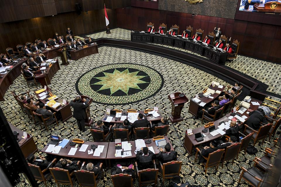 Suasana sidang lanjutan sengketa hasil Pilpres 2024 di Mahkamah Konstitusi, Jakarta, Kamis (4/4/2024). 