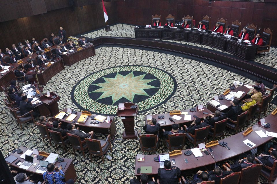 Suasana sidang lanjutan Perselisihan Hasil Pemilihan Umum Presiden 2024 di Mahkamah Konstitusi, Jakarta, Jumat (5/4/2024).