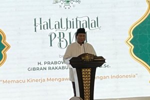 Prabowo Subianto menghadiri halal bihalal PBNU, Minggu (28/4)