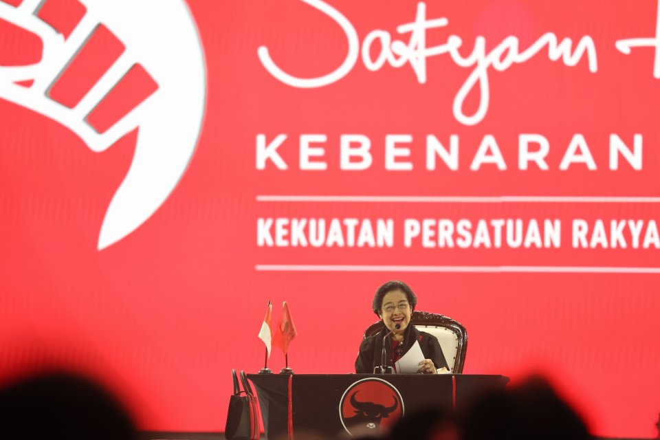 Ketua Umum PDIP Megawati Soekarnoputri saat memberikan pidato di Rakernas V di Ancol, Jakarta, Jumat (24/5/2024).