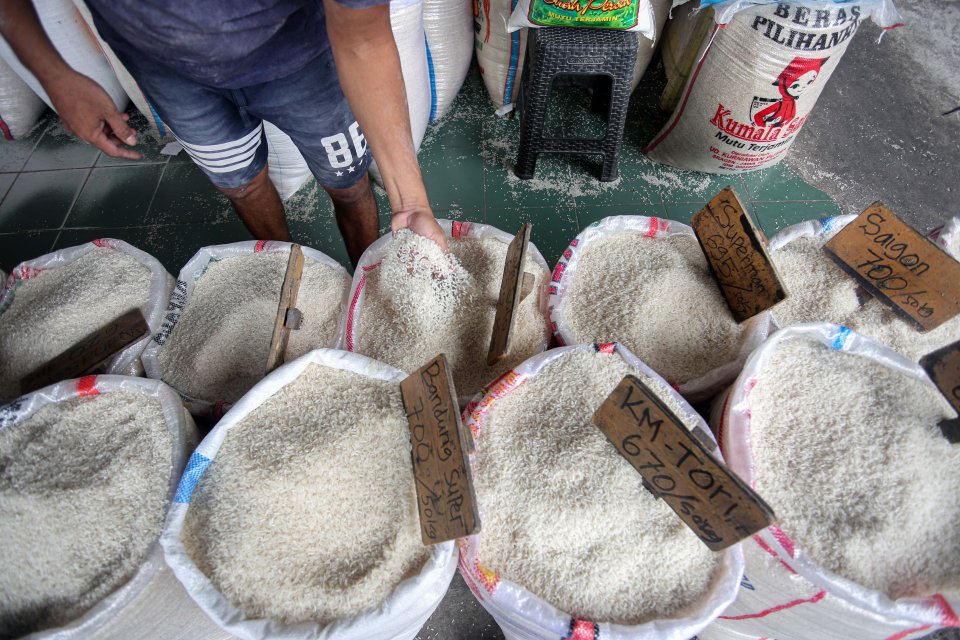 Pembeli mengecek kualitas beras yang akan dibeli di Pasar Beras Induk Cipinang, Jakarta, Selasa (4/6/2024). Pemerintah melalui Badan Pangan Nasional (Bapanas) kembali memperpanjang relaksasi harga eceran tertinggi (HET) untuk beras medium dan premium deng