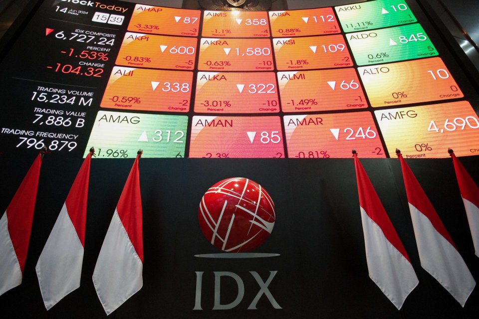 Layar digital yang menampilkan pergerakan Indeks Harga Saham Gabungan (IHSG) di Bursa Efek Indonesia, Jakarta, Jumat (14/6/2024). IHSG ditutup melemah 96,72 poin atau 1,42 persen ke posisi 6.734,83.